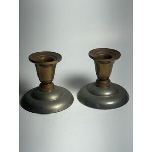 Vintage Brass Pewter Tone Candlestick Holders Set‎ of 2 Rustic Farmhouse Decor